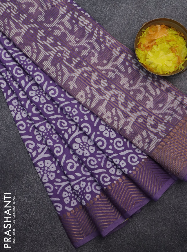 Semi chanderi saree violet  and off white with allover batik prints and zari woven border