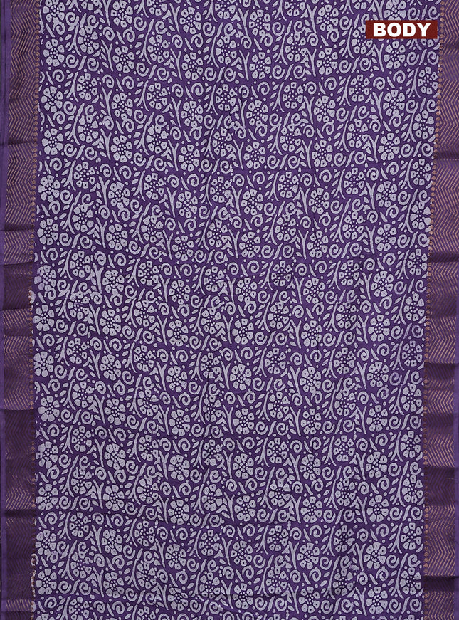 Semi chanderi saree violet  and off white with allover batik prints and zari woven border