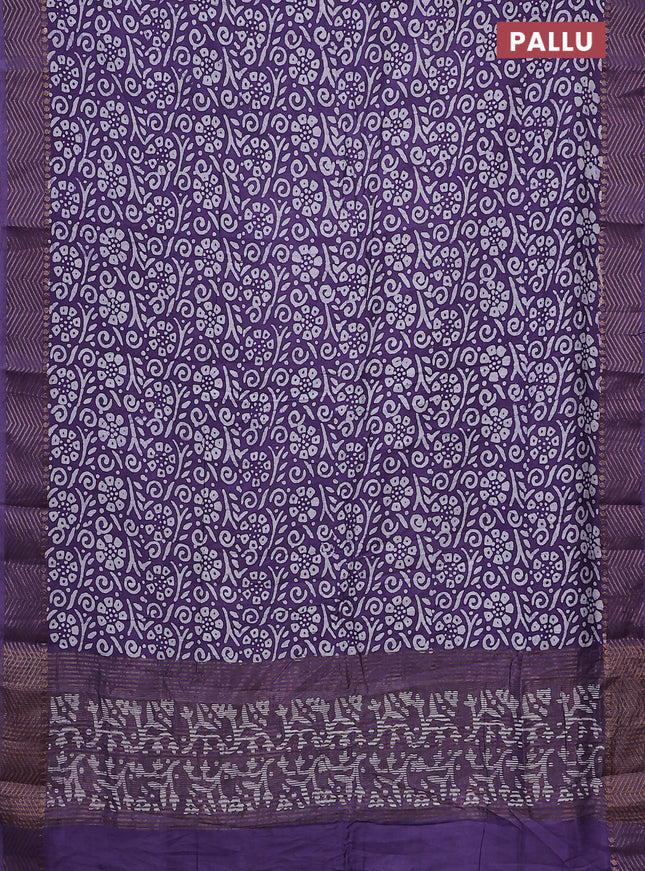 Semi chanderi saree violet  and off white with allover batik prints and zari woven border