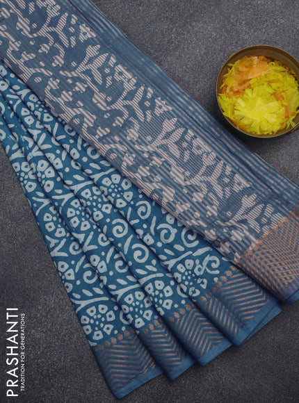 Semi chanderi saree blue and off white with allover batik prints and zari woven border