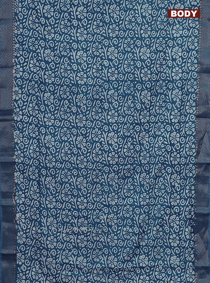Semi chanderi saree blue and off white with allover batik prints and zari woven border