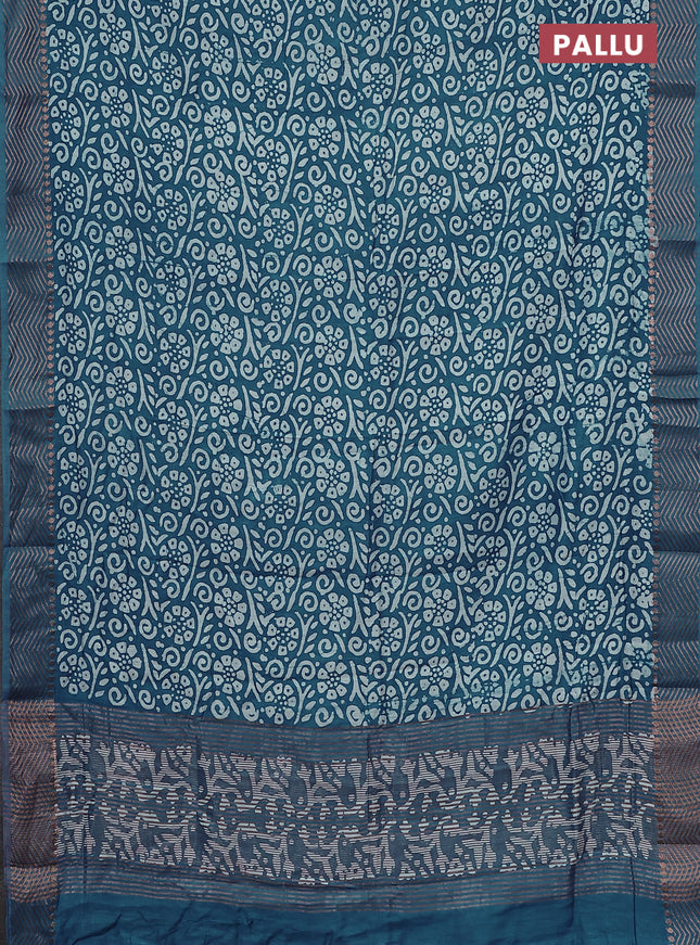 Semi chanderi saree blue and off white with allover batik prints and zari woven border