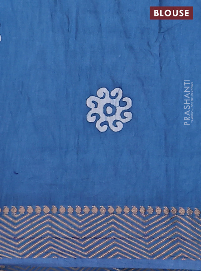 Semi chanderi saree blue and off white with allover batik prints and zari woven border