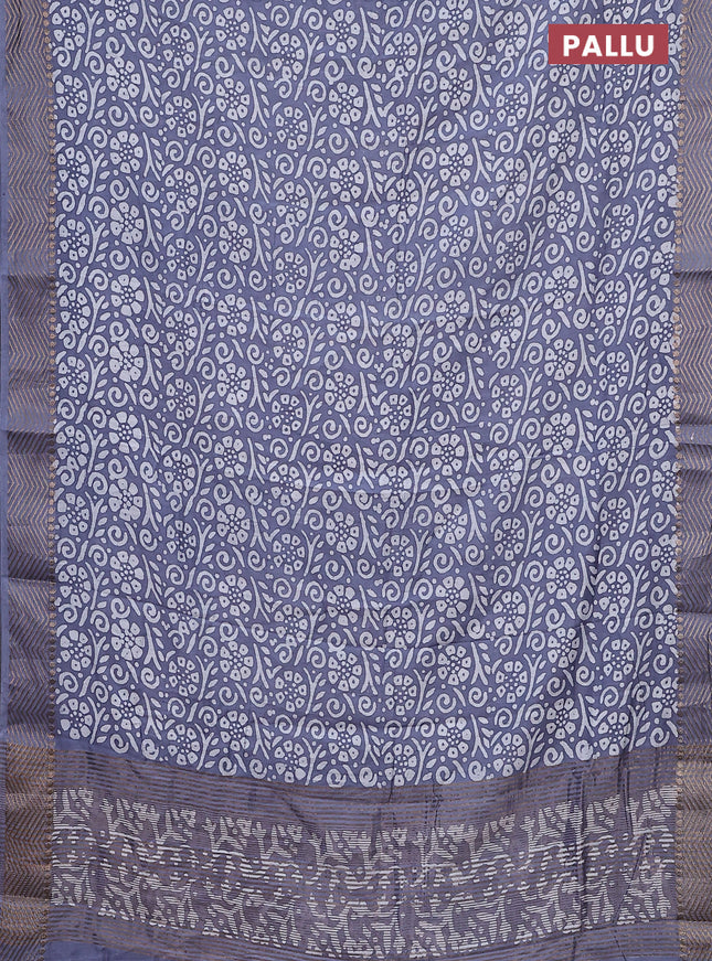 Semi chanderi saree grey and off white with allover batik prints and zari woven border