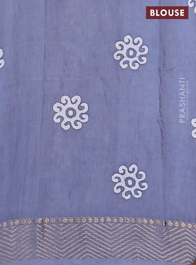 Semi chanderi saree grey and off white with allover batik prints and zari woven border