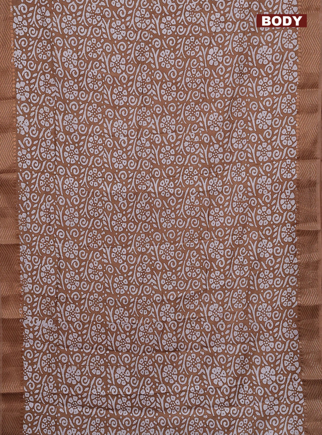 Semi chanderi saree dark sandal and off white with allover batik prints and zari woven border