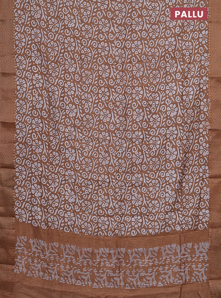Semi chanderi saree dark sandal and off white with allover batik prints and zari woven border