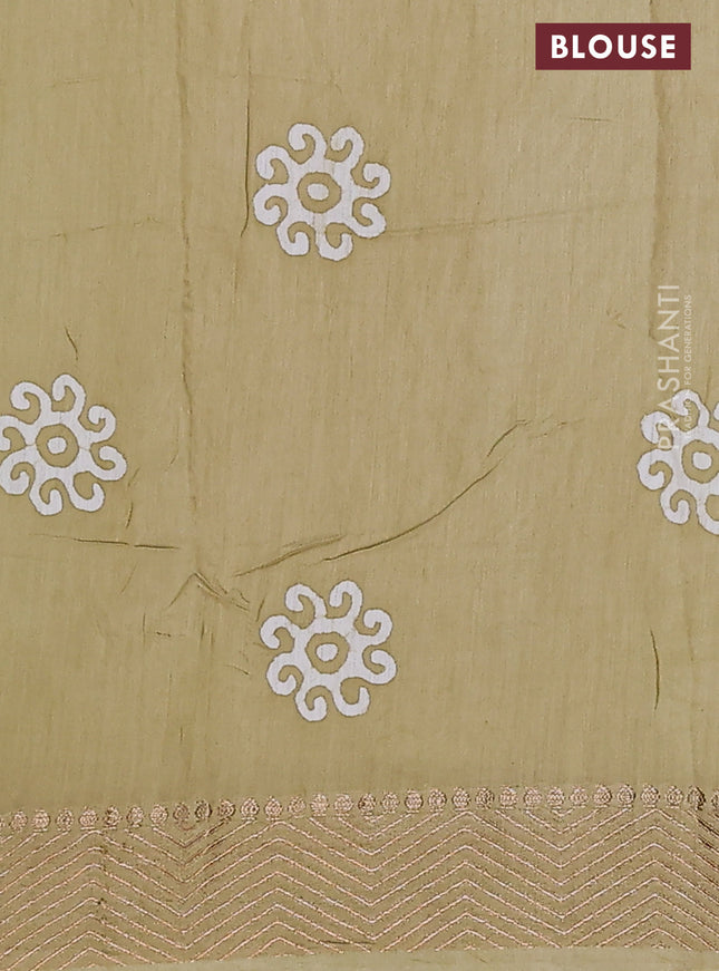 Semi chanderi saree sandal and off white with allover batik prints and zari woven border