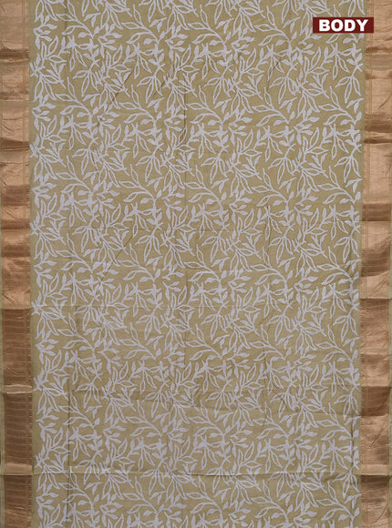 Semi chanderi saree sandal and off white with allover batik prints and zari woven border