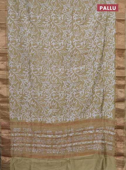 Semi chanderi saree sandal and off white with allover batik prints and zari woven border