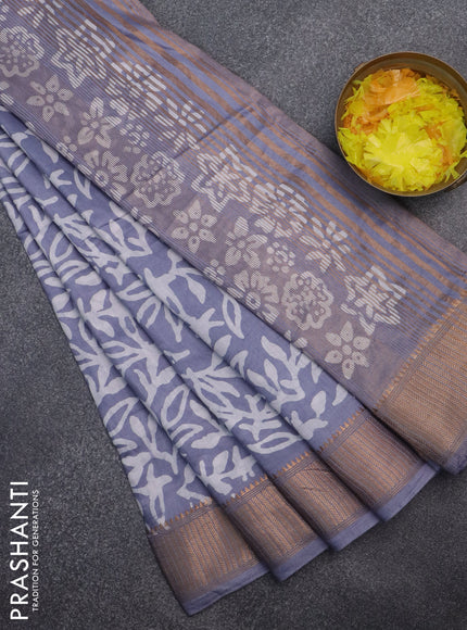 Semi chanderi saree grey and off white with allover batik prints and zari woven border