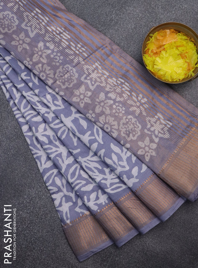 Semi chanderi saree grey and off white with allover batik prints and zari woven border