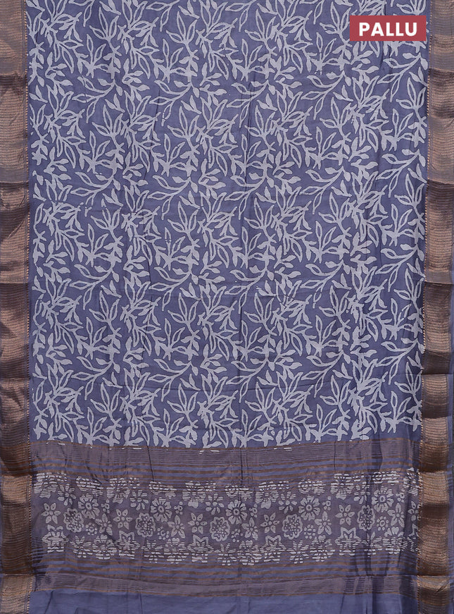 Semi chanderi saree grey and off white with allover batik prints and zari woven border