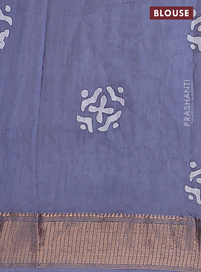 Semi chanderi saree grey and off white with allover batik prints and zari woven border