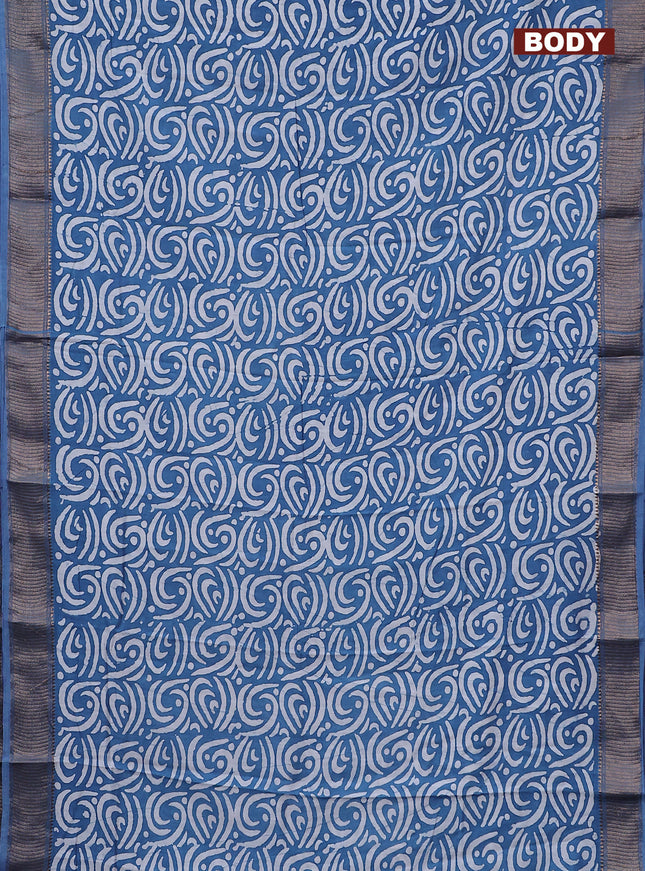 Semi chanderi saree blue and off white with allover batik prints and zari woven border