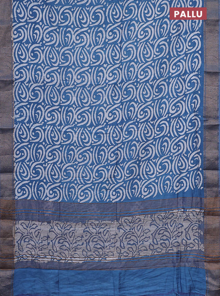 Semi chanderi saree blue and off white with allover batik prints and zari woven border