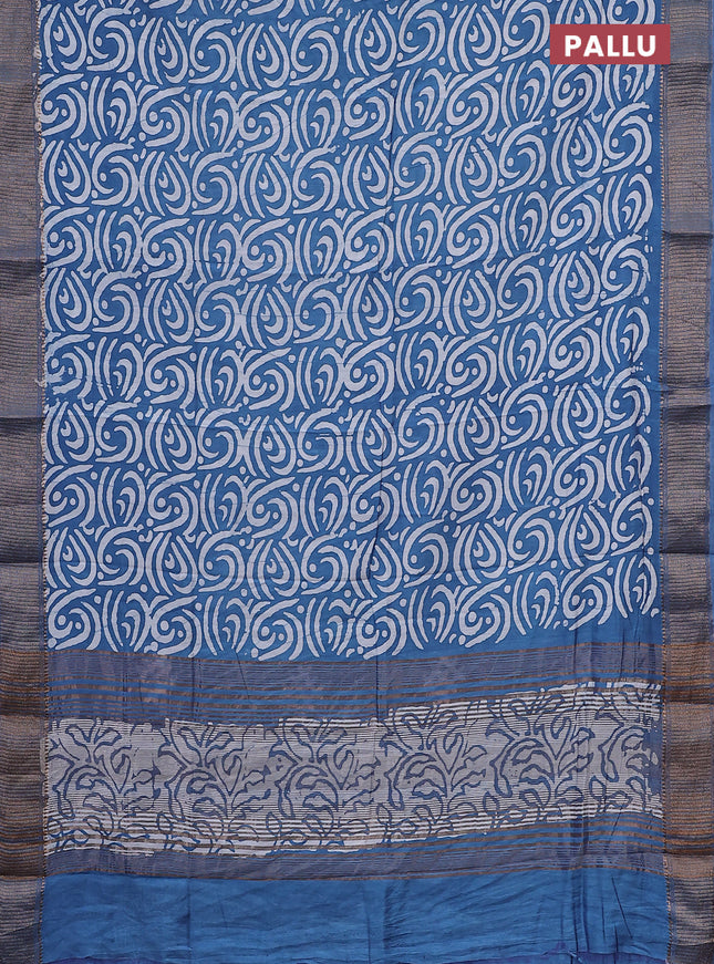 Semi chanderi saree blue and off white with allover batik prints and zari woven border