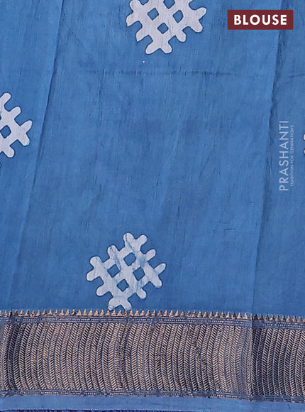 Semi chanderi saree blue and off white with allover batik prints and zari woven border