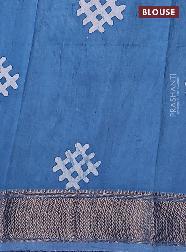 Semi chanderi saree blue and off white with allover batik prints and zari woven border