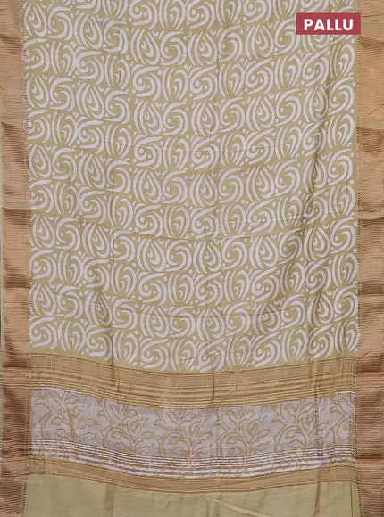 Semi chanderi saree sandal and off white with allover batik prints and zari woven border