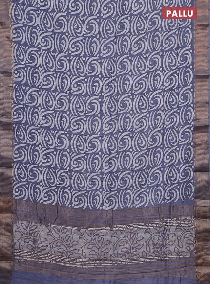 Semi chanderi saree grey and off white with allover batik prints and zari woven border