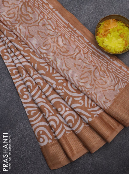 Semi chanderi saree dark sandal and off white with allover batik prints and zari woven border