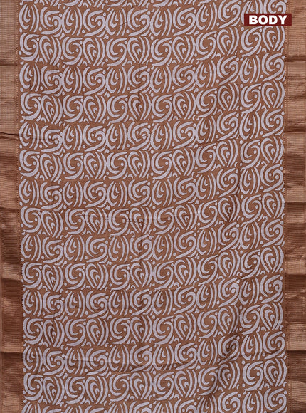 Semi chanderi saree dark sandal and off white with allover batik prints and zari woven border