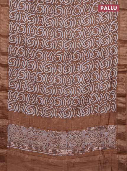 Semi chanderi saree dark sandal and off white with allover batik prints and zari woven border