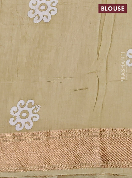 Semi chanderi saree sandal and off white with allover batik prints and zari woven border