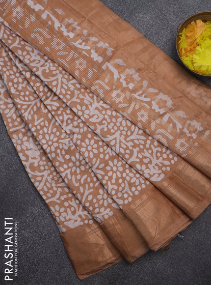 Semi chanderi saree dark sandal and off white with allover batik prints and zari woven border