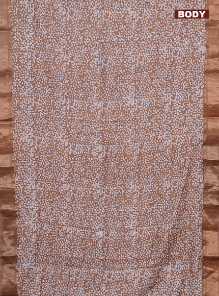 Semi chanderi saree dark sandal and off white with allover batik prints and zari woven border
