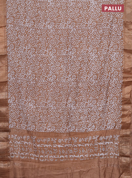 Semi chanderi saree dark sandal and off white with allover batik prints and zari woven border