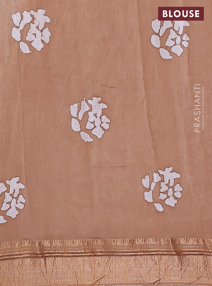 Semi chanderi saree dark sandal and off white with allover batik prints and zari woven border