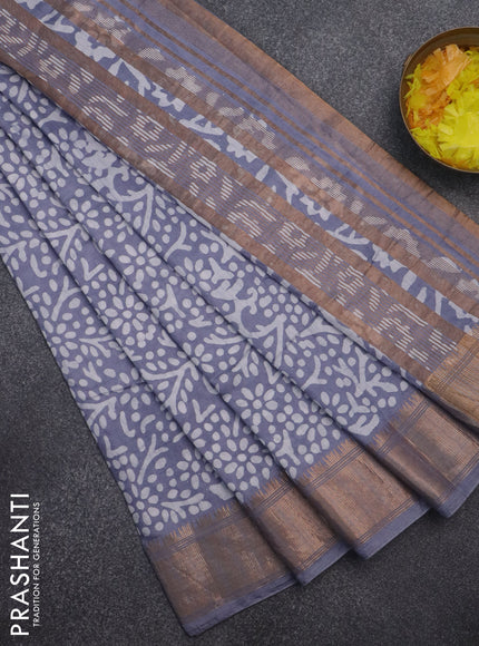 Semi chanderi saree grey and off white with allover batik prints and zari woven border