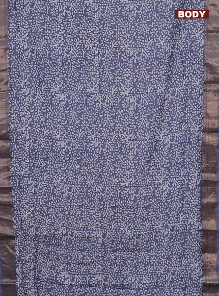 Semi chanderi saree grey and off white with allover batik prints and zari woven border