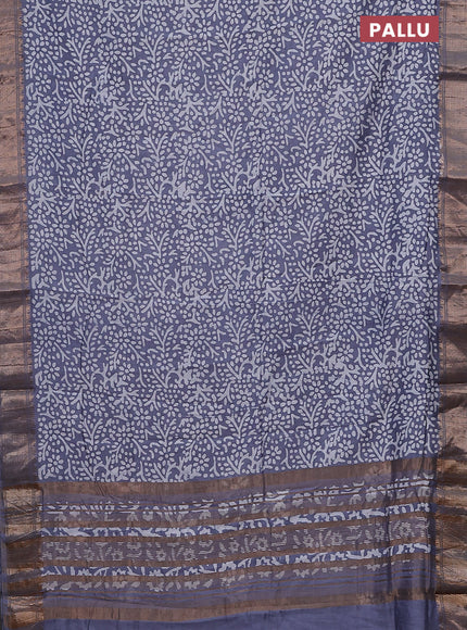 Semi chanderi saree grey and off white with allover batik prints and zari woven border