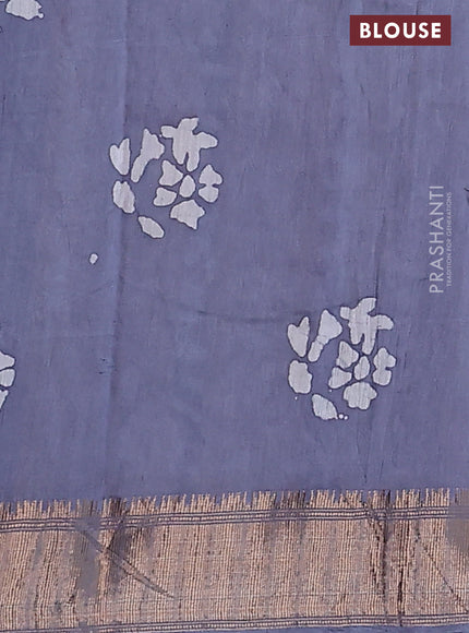 Semi chanderi saree grey and off white with allover batik prints and zari woven border