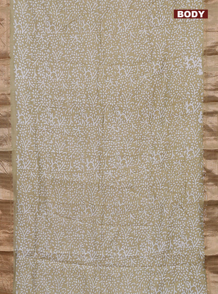 Semi chanderi saree sandal and off white with allover batik prints and zari woven border