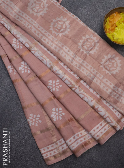 Semi chanderi saree peach shade and off white with allover zari checks & batik butta prints and printed border