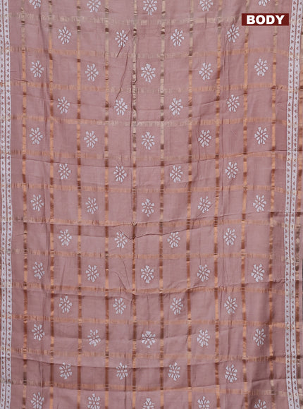 Semi chanderi saree peach shade and off white with allover zari checks & batik butta prints and printed border