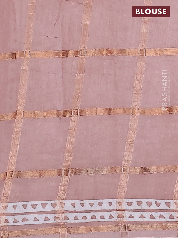 Semi chanderi saree peach shade and off white with allover zari checks & batik butta prints and printed border