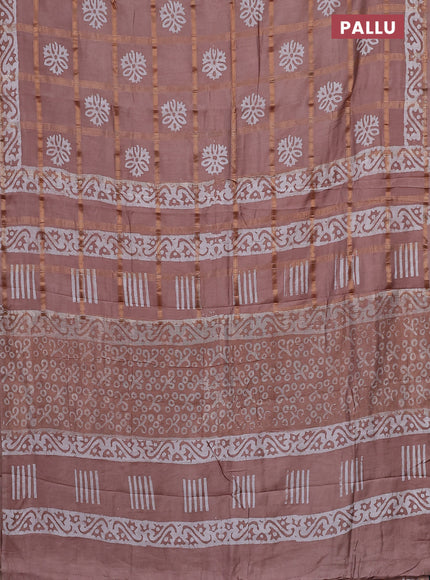 Semi chanderi saree peach shade and off white with allover zari checks & batik butta prints and printed border