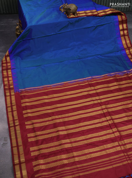 10 yards silk saree dual shade of cs blue and maroon with plain body and temple design zari woven border