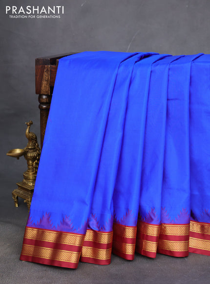 10 yards silk saree blue and maroon with plain body and temple design zari woven border