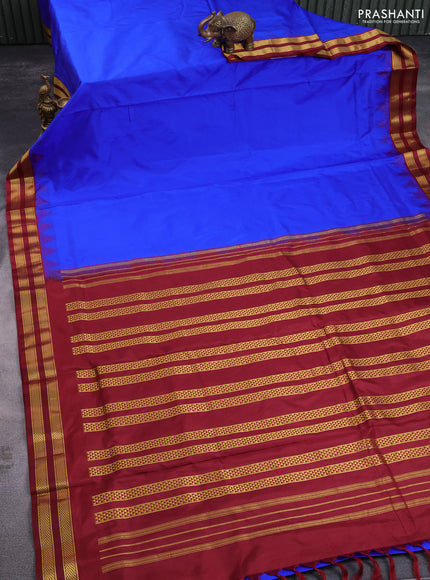 10 yards silk saree blue and maroon with plain body and temple design zari woven border