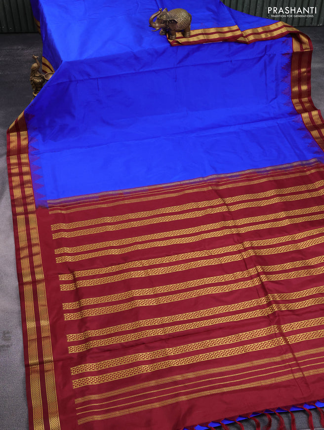 10 yards silk saree blue and maroon with plain body and temple design zari woven border