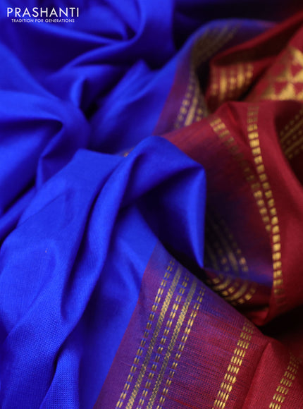 10 yards silk saree blue and maroon with plain body and temple design zari woven border