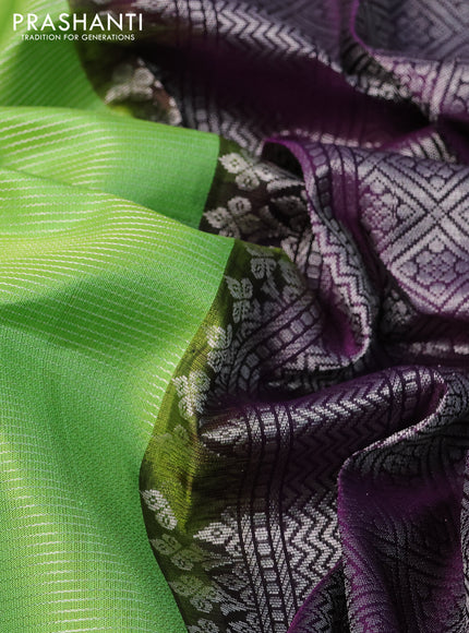 Pure soft silk saree light green and deep purple with allover silver zari weaves and silver zari woven butta border