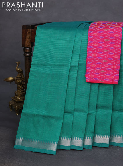 Mangalgiri Silk Cotton saree teal green and pink with plain body and silver zari woven border