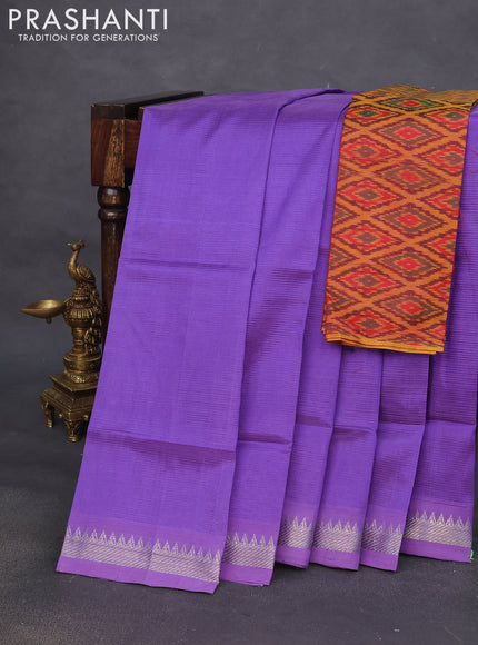 Mangalgiri Silk Cotton saree violet shade and mustad shade with plain body and silver zari woven border